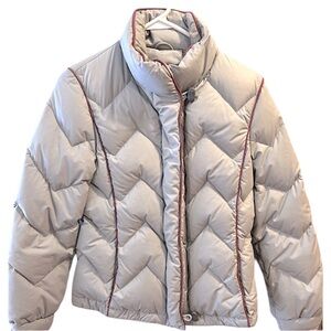 Pearl Gray Down Crest Down Jacket with Burgundy Trim.   Size = Small